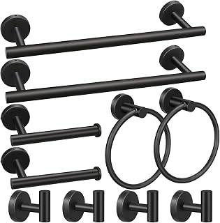 RUBY.Q 10-Piece Black Matte Stainless Steel Bathroom Hardware Set - 16in Towel Bars, TP Holders, Rings, Hooks