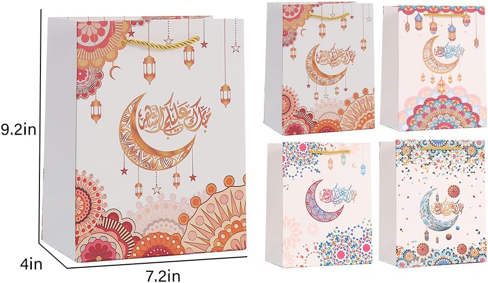 Colodeol 4 Pcs Small Eid Mubarak Gift Bags, Ramadan Gift Bags Paper Eid Bags with Handles Ramadan Treat Party Favors Supplies Eid Party Decoration image 2