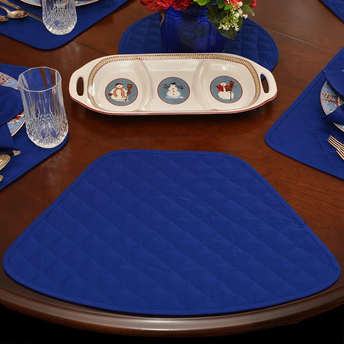 Sweet Pea Linens Solid Royal Blue Quilted Wedge-Shaped Placemats - Set of Four Plus Center Round-Charger