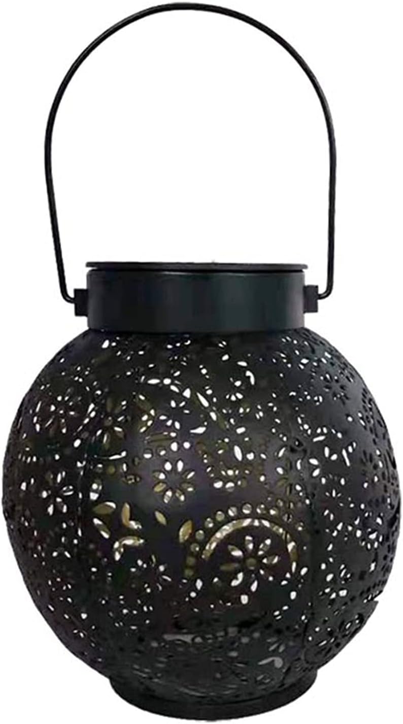 Wrought Iron Solar Lantern Light --LED Solar Lantern Outdoor Garden cast Light Spherical Pattern Landscape Light Pendant Lantern Yard Art Decoration ( Emitting Color : 3 )
