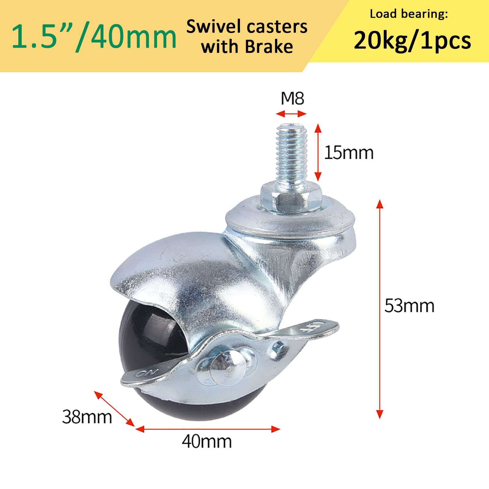 4 Rotelle Per Mobili M8 - 2 Con Freni E 2 Senza, Portata 35 Kg, Gomma Silenziosa, 360° - Foto 4