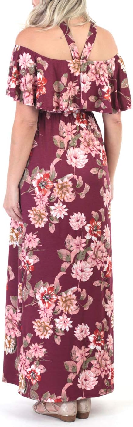 Mother Bee Maternity Open Shoulder Dress with Ruffles