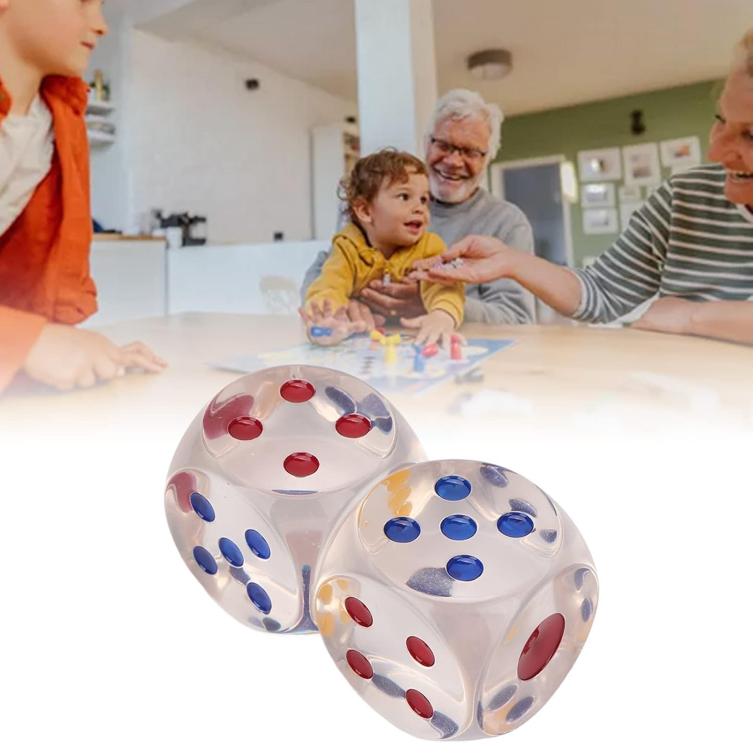 GLADBACK Jumbo Dice 30mm with Colored Dots, 6-Sided Transparent Dice Cube, Fun Gaming Dice for Farkle, Board Games, Casino, Snakes and Ladders, Monopoly & More (Pack of 3) 3