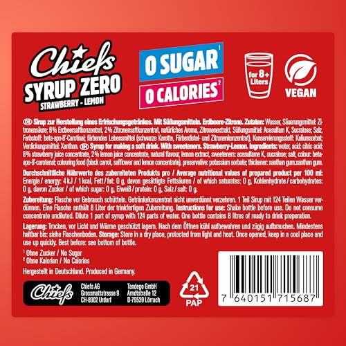 CHIEFS Syrup Zero, Erdbeersirup, 65ml, für mehr als 8l Fertiggetränk, Sirup zuckerfrei mit echten Fruchtextrakten mit Erdbeere Zitrone Geschmack, vegan, zero Kalorien, made in Germany