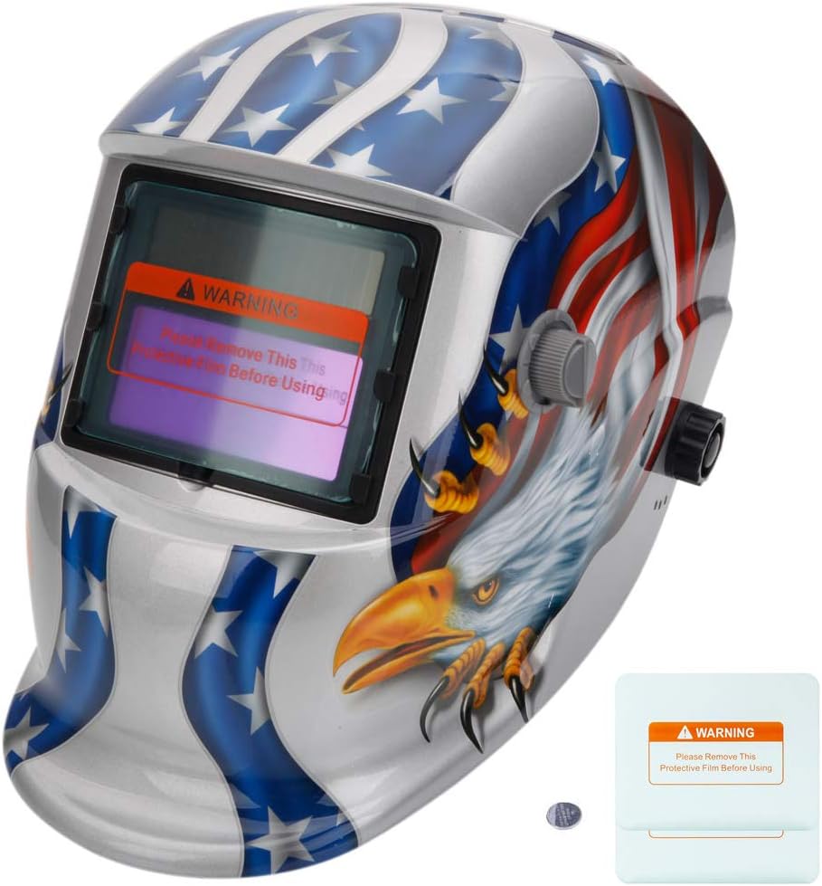 Z ZTDM Welding Helmet Welder Mask Solar Powered Auto Darkening Hood with Adjustable Wide Shade Range 4/9-13, Protective Gear, 2 Extra Lens & Battery for ARC MIG TIG (Silver Eagle)