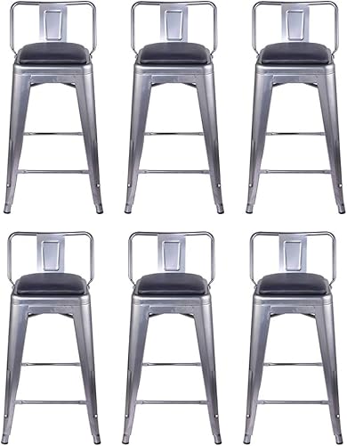 Vista 255 de GIA Taburete de metal con respaldo bajo de altura de mostrador de 24 pulgadas con asiento de cuero vegano, color plateado