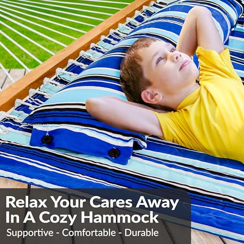 Sunnydaze Quilted Double Hammock for Outside with Spreader Bars and Pillow - 450 lb Capacity, 74x55 Inch Bed, UV Resistant, Quick Dry - Chains