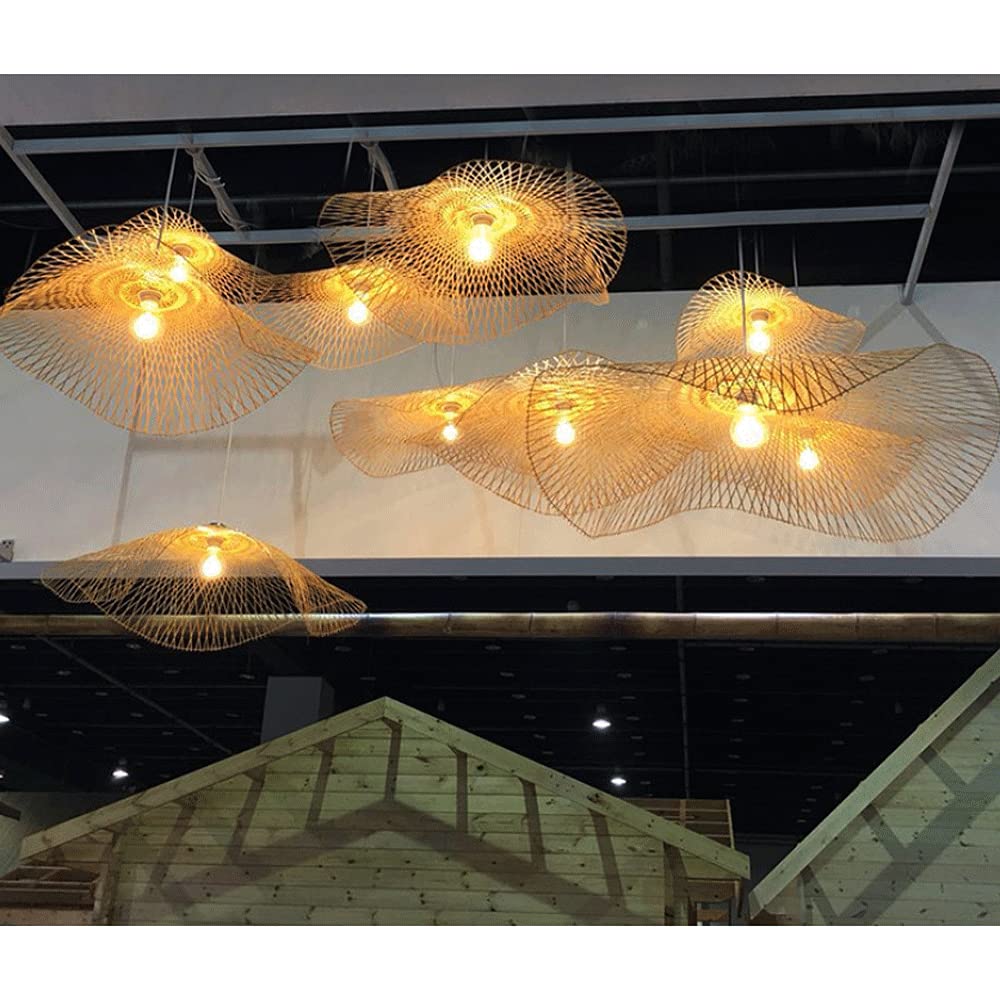 Éclairage en Matériaux Naturels Suspension Chapeau De Paille Abat-Jour en Rotin Et Osier Country Lustre Vintage en Bambou Luminaire Suspendu Tissé en Rotin Clair, Beige, 55cm
