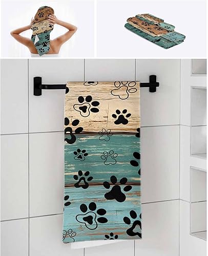 Miniatura 7 de Juego de toallas de baño con estampado de patas de perro, suaves y absorbentes, lujosas toallas de granja de lujo, microfibra de madera marrón verde