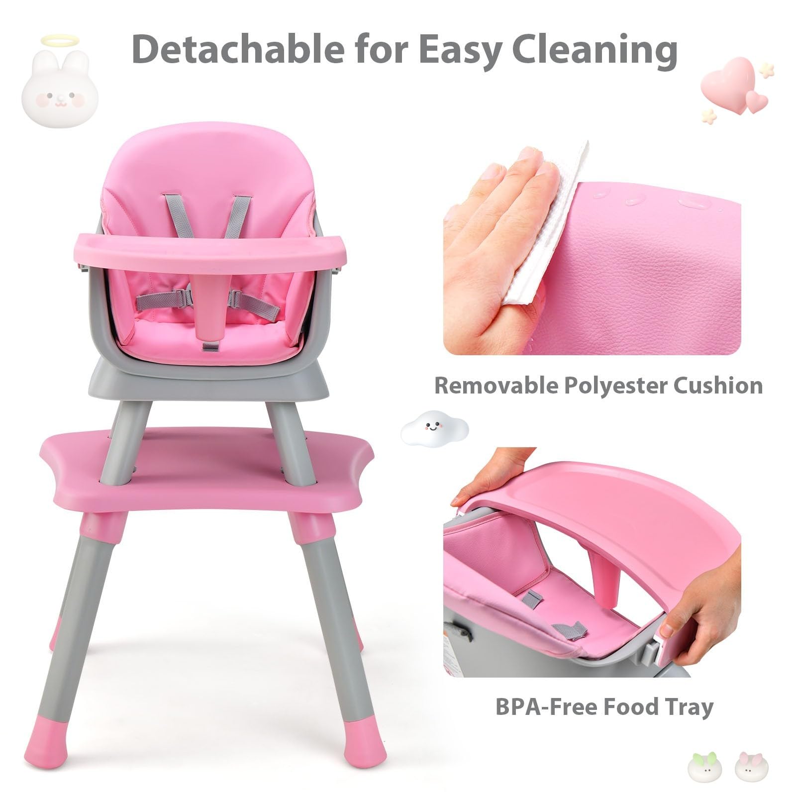 LIFEZEAL Seggiolone per Bambini, in PP, Portata 25 kg, Sedia per Bambini con Vassoio e Rivestimento in Tessuto Rimovibile, Seggiolone Combinato con Cintura di Sicurezza, 7-36 Mesi (rosa)