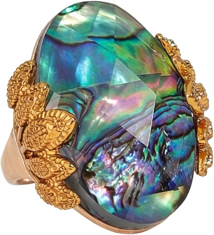 PLOUTOS Elegant Vintage Oval stone Statement Ring for Women Gold Tone Beaded Edge Cocktail Style Gift Party Jewelry Fashion Glamorous
