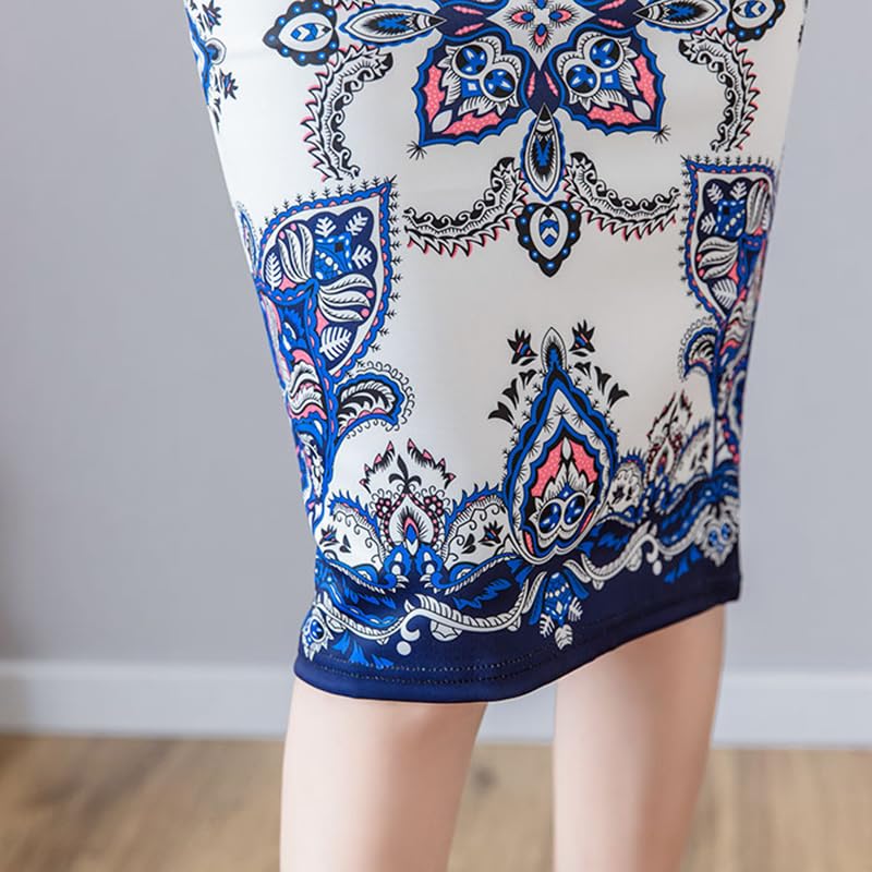 Women's Elastic High Waist Knee Length Pencil Skirt Office Work Midi Bodycon Basic Floral Skirt with Back Slit4