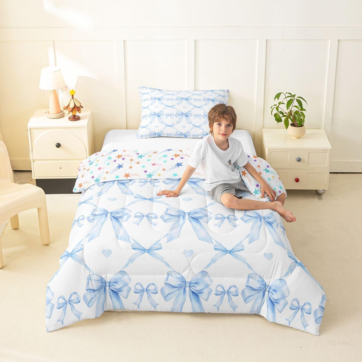 Erosebridal Girls Cute Blue Bow Geometric Kids Toddler Comforter Set | Kawaii Bowknot Bedding Set Princess Ribbon Comforter Women Warm Soft Duvet Quilt