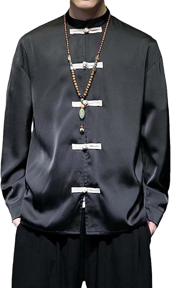 Chinese Mens Silk Satin Long Sleeve Shirt Knot Button Clash Color Stand Collar Coat Crossover Top