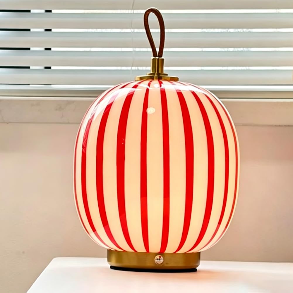 LED Tischlampe Kugel Glas Kabellos Tischleuchte Dimmbar Touch Schalter Batteriebetrieben Schreibtischlampe Rot Gestreiftem Glaslampenschirm Nachttischleuchten USB Aufladung Tragbar Runde