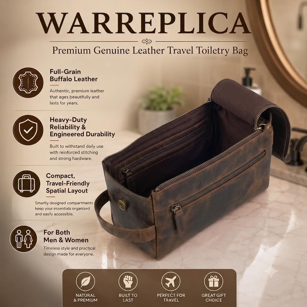 warreplica Neceser de viaje de piel auténtica de alta calidad, kit de dopp resistente al agua y organizador de afeitado para hombres y mujeres, marrón burdeos, Neceser de viaje