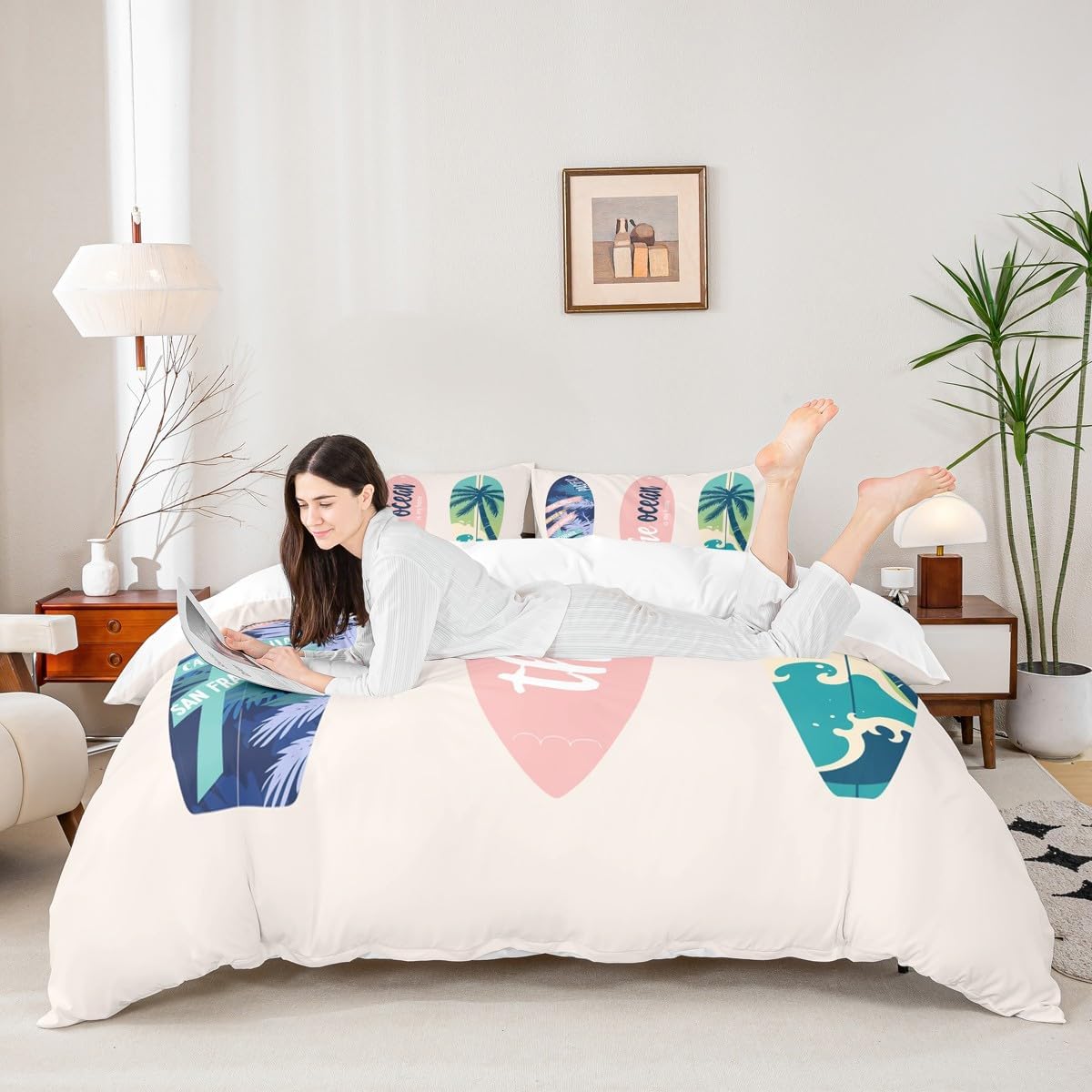 Homewish Surfboard Comforter Cover Set Summer Sea Surfing Theme Duvet Cover Ocean Theme Bedding Set 2pcs for Kids Boys Teens Soft Polyester Quilt Cover with 1 Pillow Case(No Comforter) Twin Size