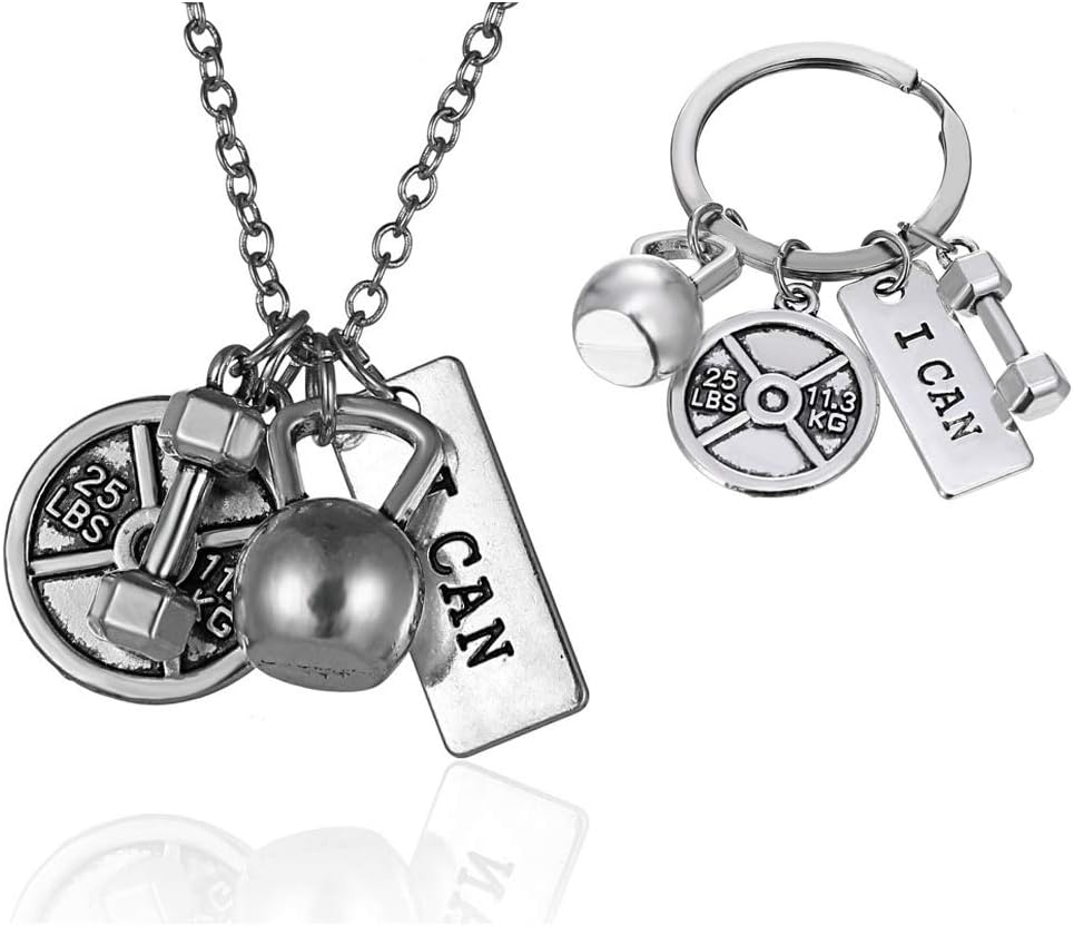 Rinhoo Unisex Stainless Steel Fitness Weightlifting Gym with Quotes Workout Weight Plate Barbell Dumbbell Exercise Charms Pendant Necklace White Gold Plated/Gold Plated