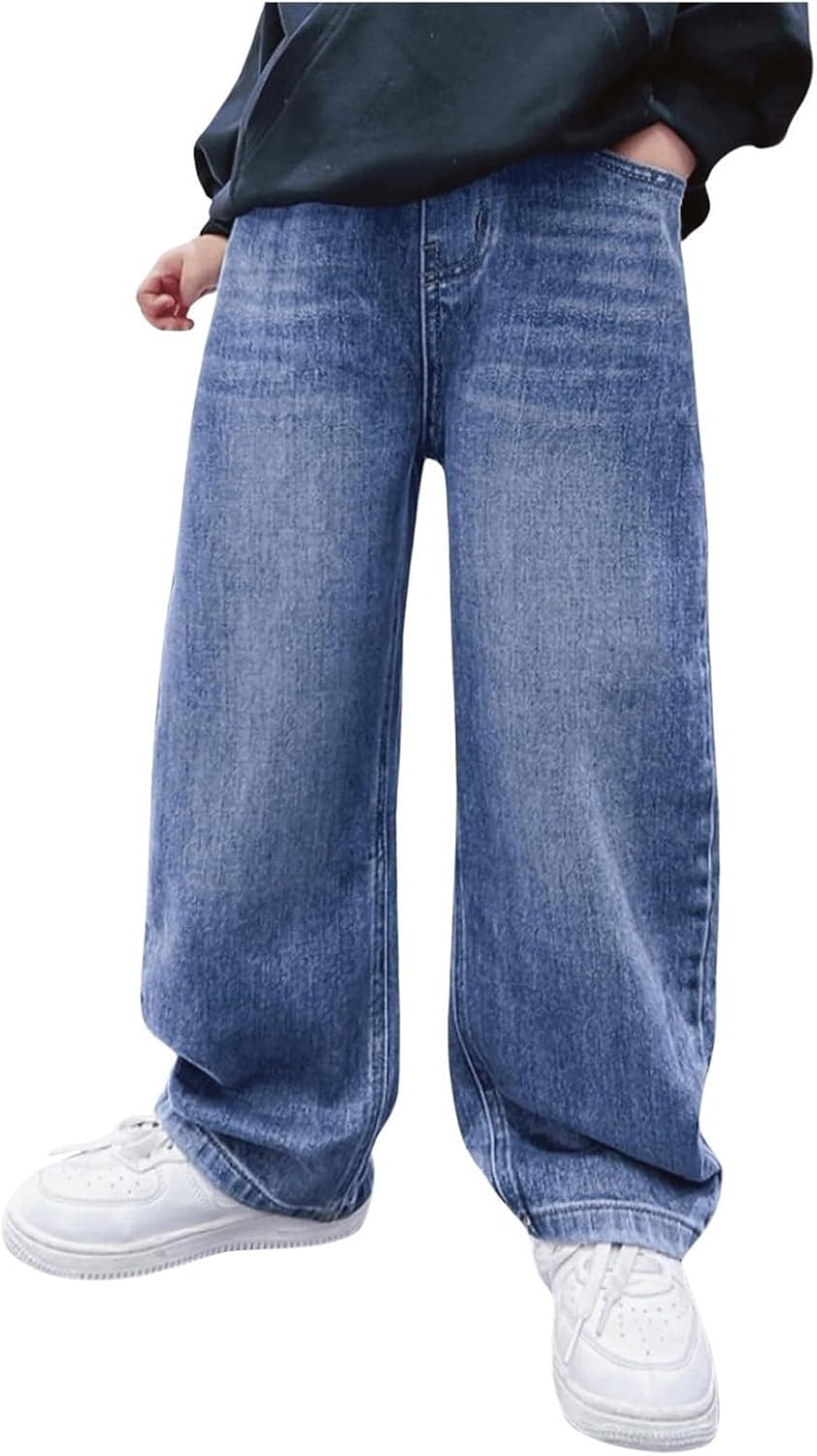 Boys Baggy Jeans Wide Leg Elastic Waist Pants Denim Cargo Trousers with Pockets Casual Streetwear Kids School Pants