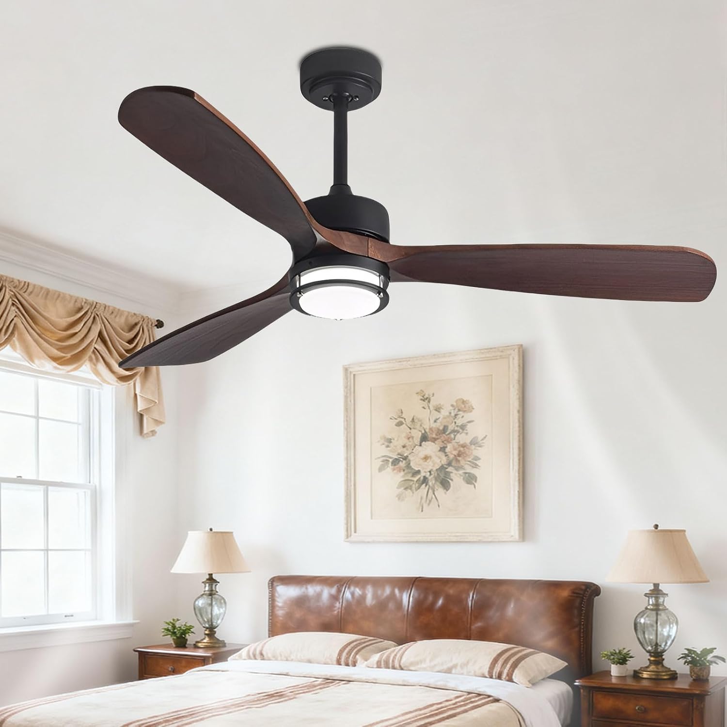 Low Profile Ceiling Fans with Lights Modern Black Ceiling Fan with Walnut Wood Blades, DC Motor, Remote 6-Speed Quiet Ceiling Fan Lights for Living Room Bedroom Dining Room Patio