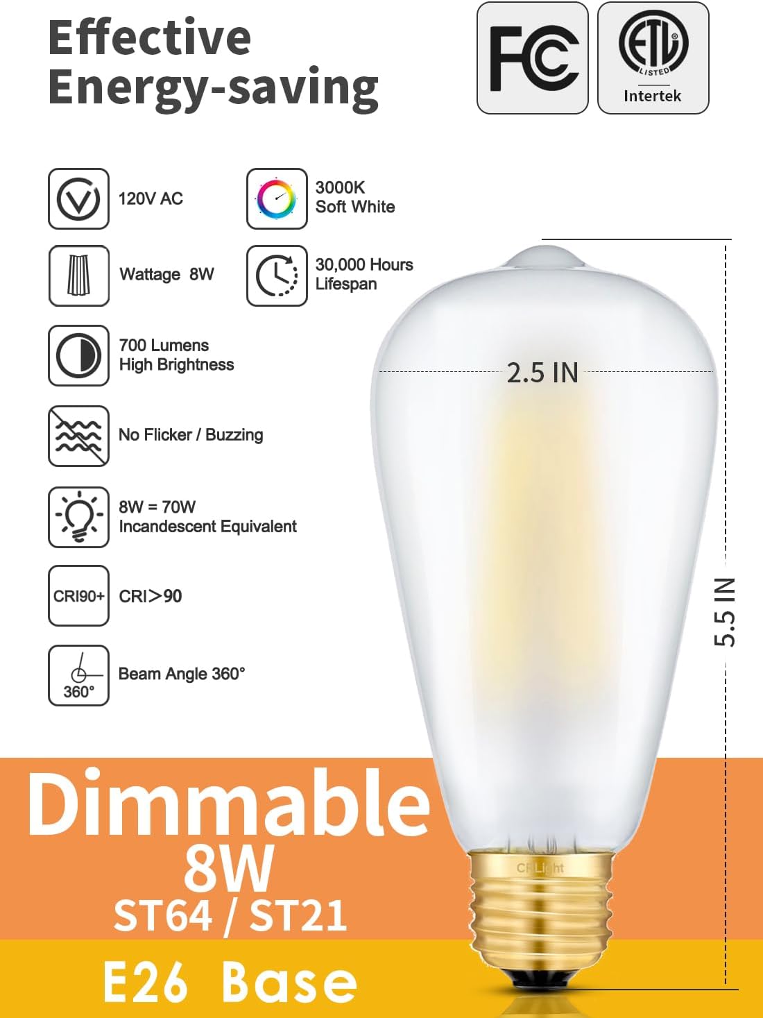 CRLight 8W Dimmable LED Edison Bulb 3000K Soft White, 70W Equivalent 700 Lumens, E26 Medium Base Vintage Style ST64 Frosted Glass Lengthened Filament LED Light Bulbs, Smooth Dimming Version, 6 Pack