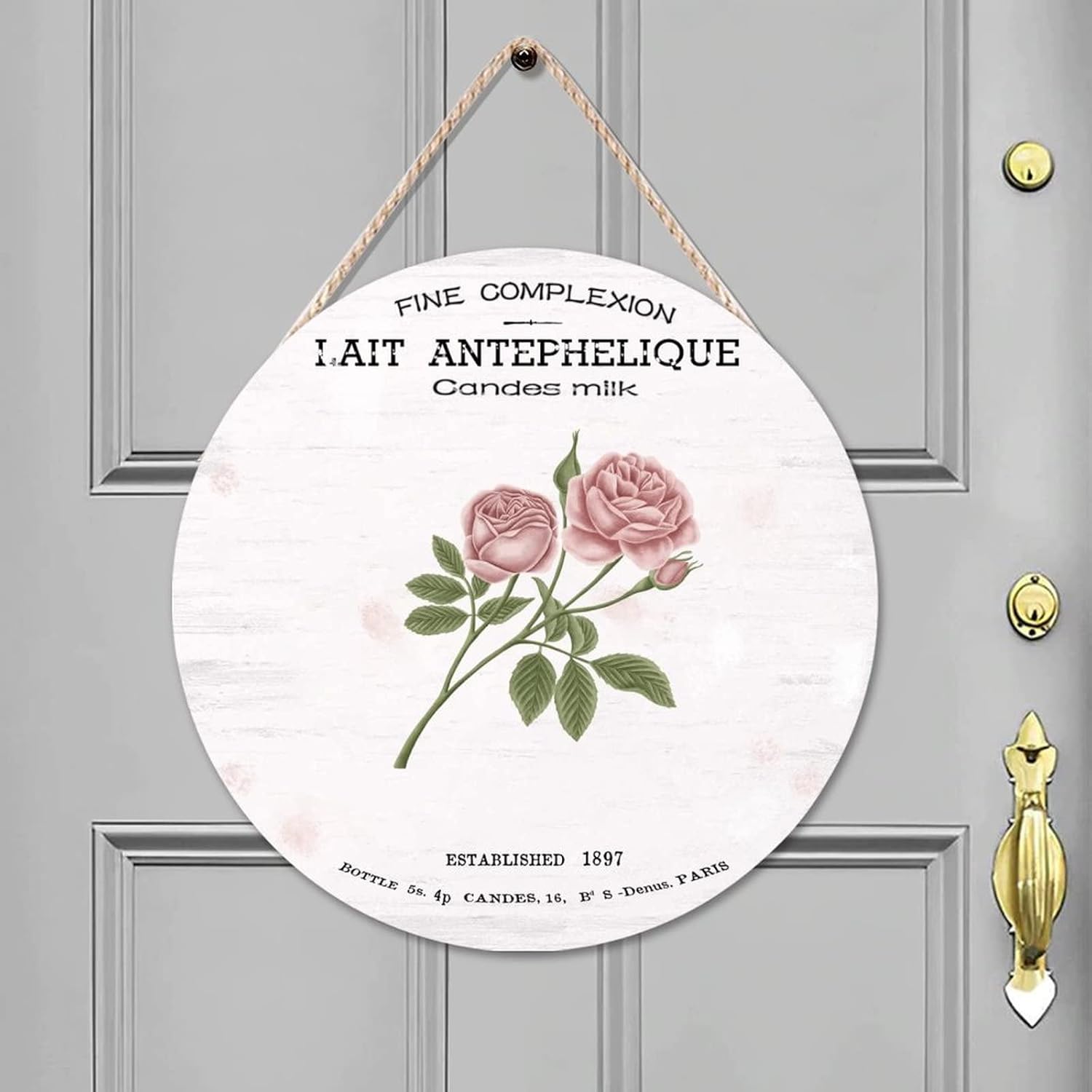 French Vintage Flower Front Door Round Wood Sign, Retro Wood Door Sign, 16x16in Floral Wall Door Hanging Sign for Front Door Entryway Porch Bar Pub Housewarming Gifts