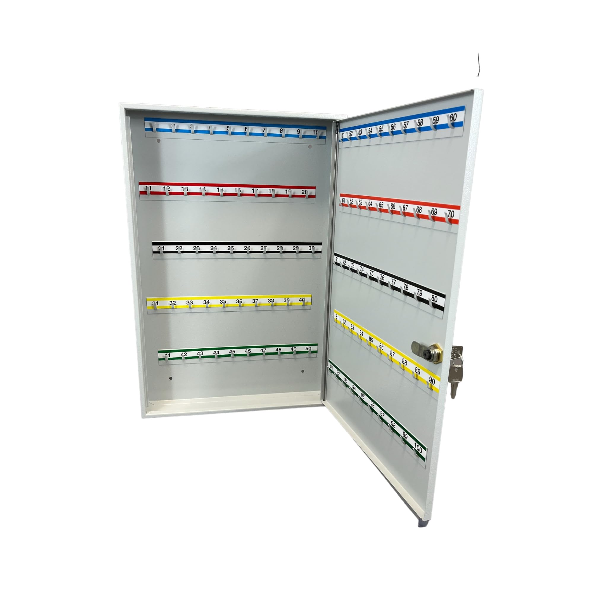 LEOMAR Armario para Llaves, Caja con 100 Ganchos, de Chapa de Acero, con Tiras de Ganchos Fijas, para Montaje en Pared, con Cerradura, con Material de Montaje, 6 x 35 x 52 cm