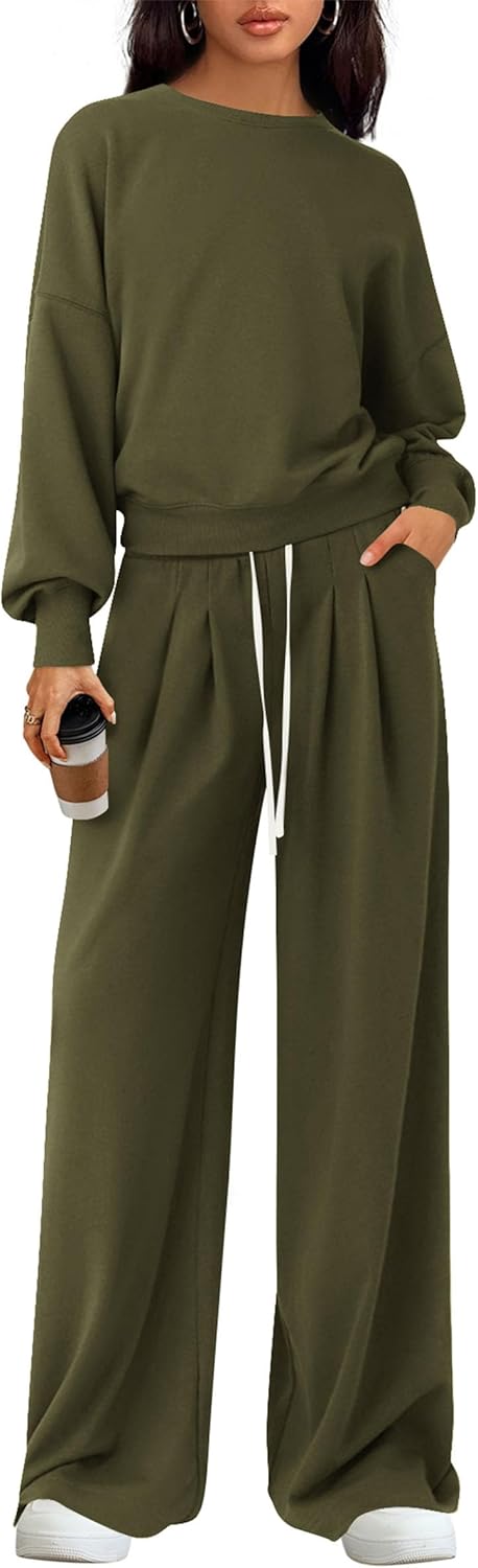 PRETTYGARDEN Womens 2 Piece Sets Long Sleeve Sweatshirt Wide Leg Pants Loose Matching Lounge Set Trendy Fall Outfits