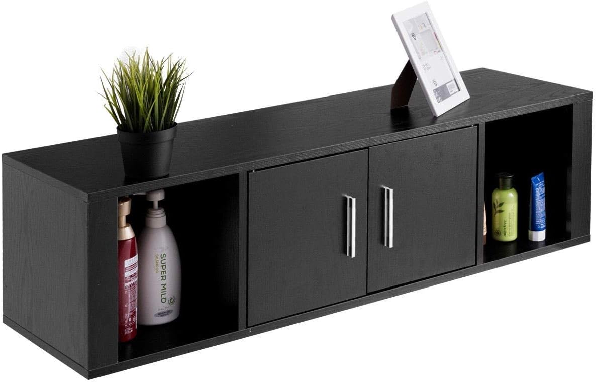 WATERJOY Wall Mounted Hanging Floating Desk Hutch Storage Cabinet Shelves Media Storage Display Hutch, Home Office Furniture, Black