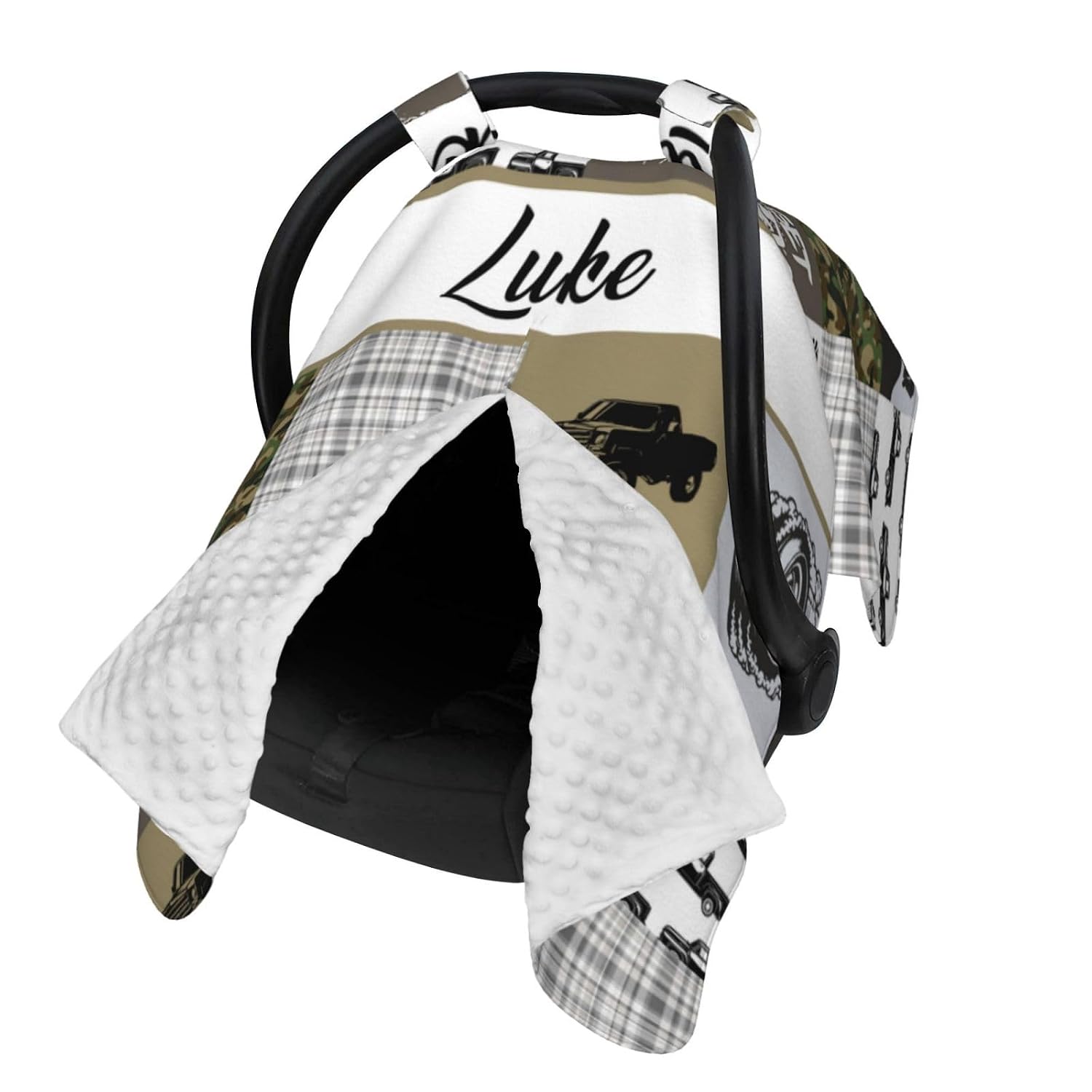 Personalized Baby Car Seat Canopy for Babies, Custom Name Truck Baby Car Seat Covers for Boys Girls, Opening Minky Nursing Breastfeeding Cover for Infant, Carseat Canopies for Newborn
