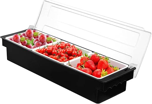 Fruit Veggie Condiment Caddy with Lid, 3 Compartment Plastic Dispenser Tray for Catering Dips Toppings, Serving Taco, Ice Cream, Fruit, Salad Bar Garnish Organizer for Restaurant Supplies