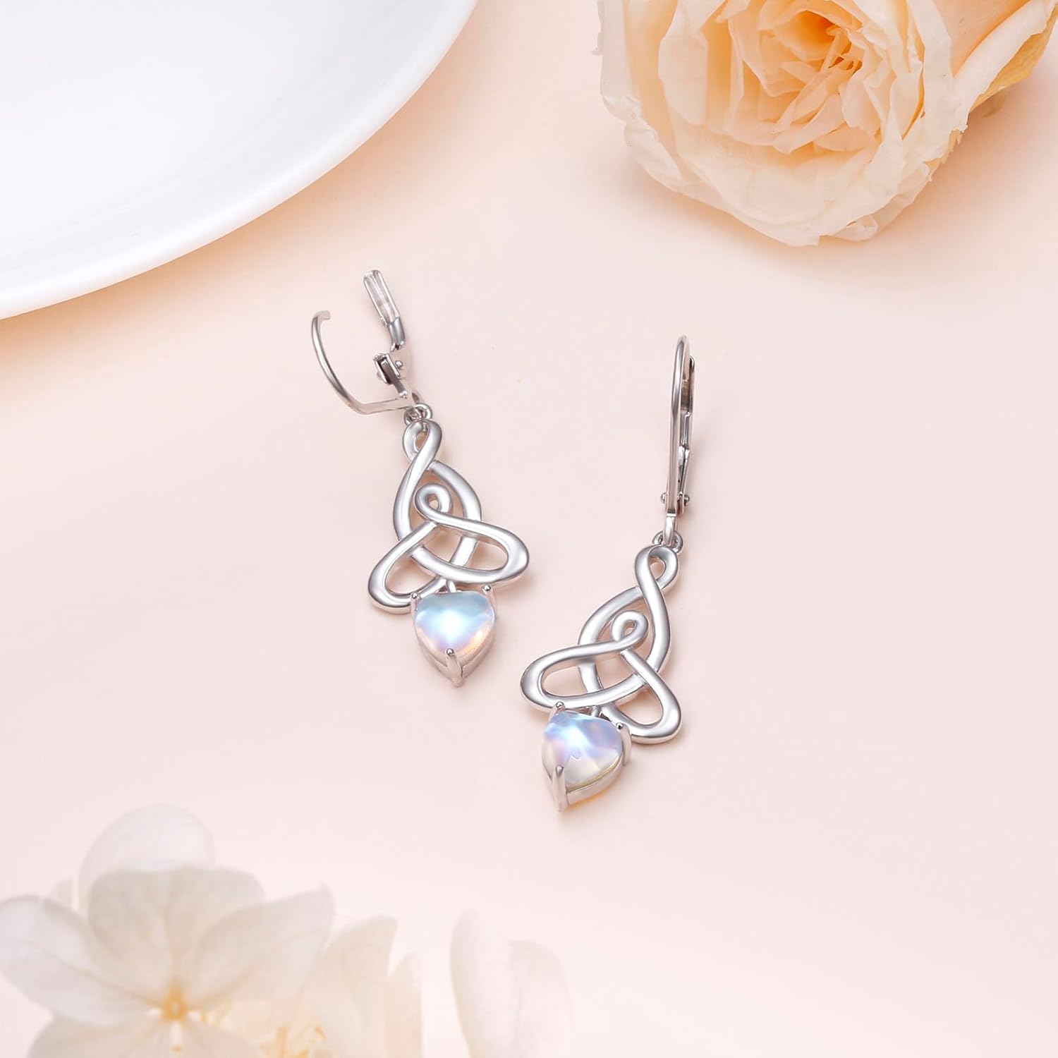 Celtic Knot Earrings 925 Sterling Silver Moonstone Irish Celtic Knot Dangle Hoop Earrings Leverback Jewelry Birthday Christmas Gifts - Image 5
