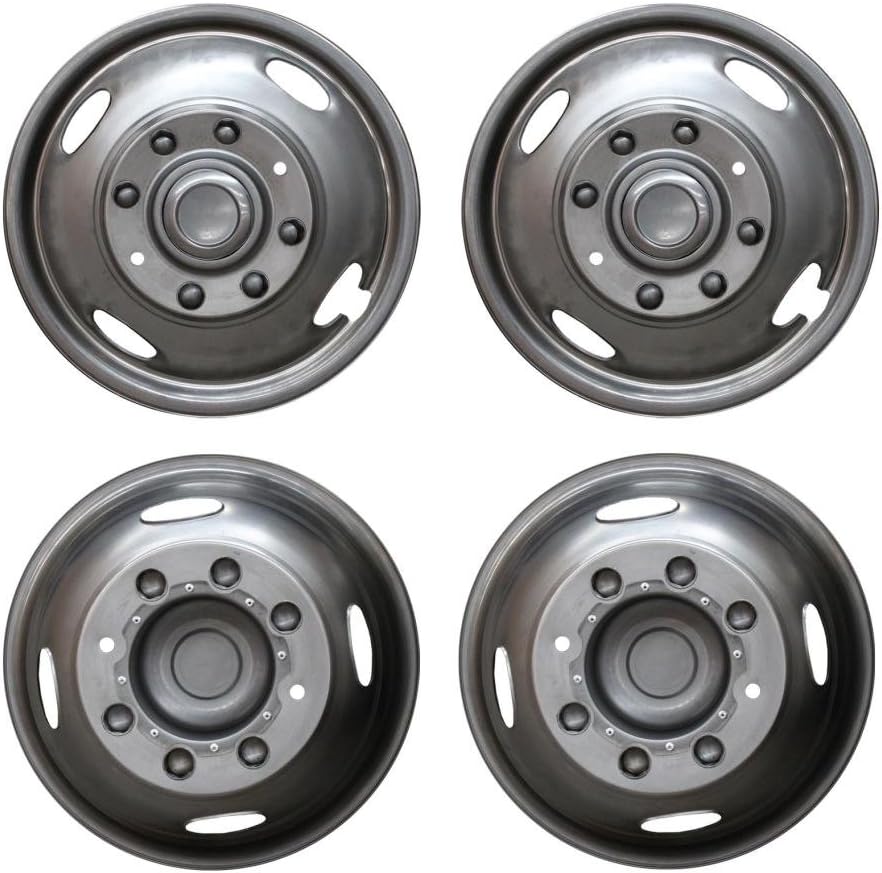 VioGi Fit 4pcs Front+Rear Polished Stainless Steel 17" Dually 8 Lug 4 Hand Hole Wheel Simulators Hub Caps Skins Liners Covers w/Installation Kits & Tools : Automotive