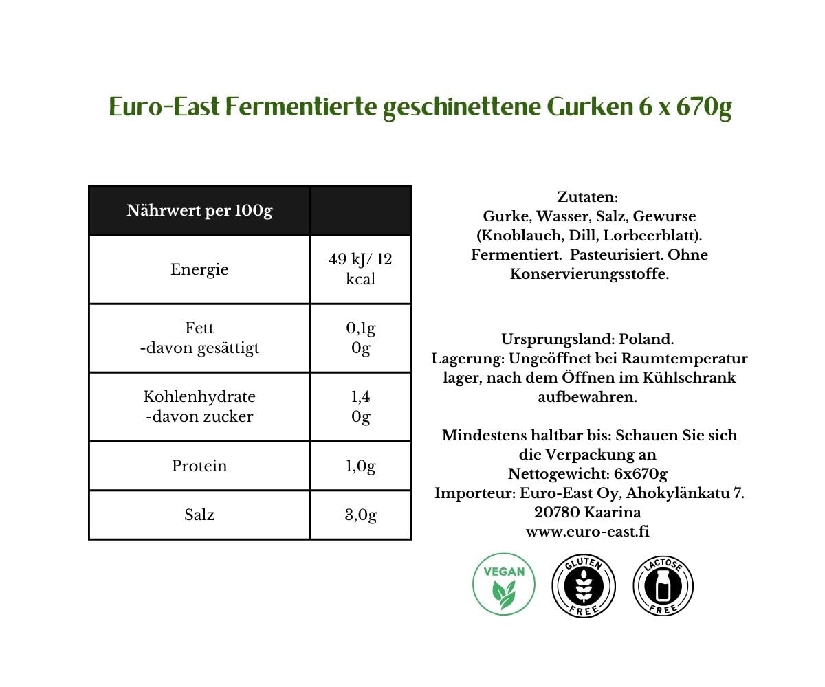 East-Euro fermentierte geschnittene Gurke 6er Pack im Glas x 670g | Hergestellt nach der traditionellen Beizmethode | Milch Saure Gurken 6 x 670 g/390 g