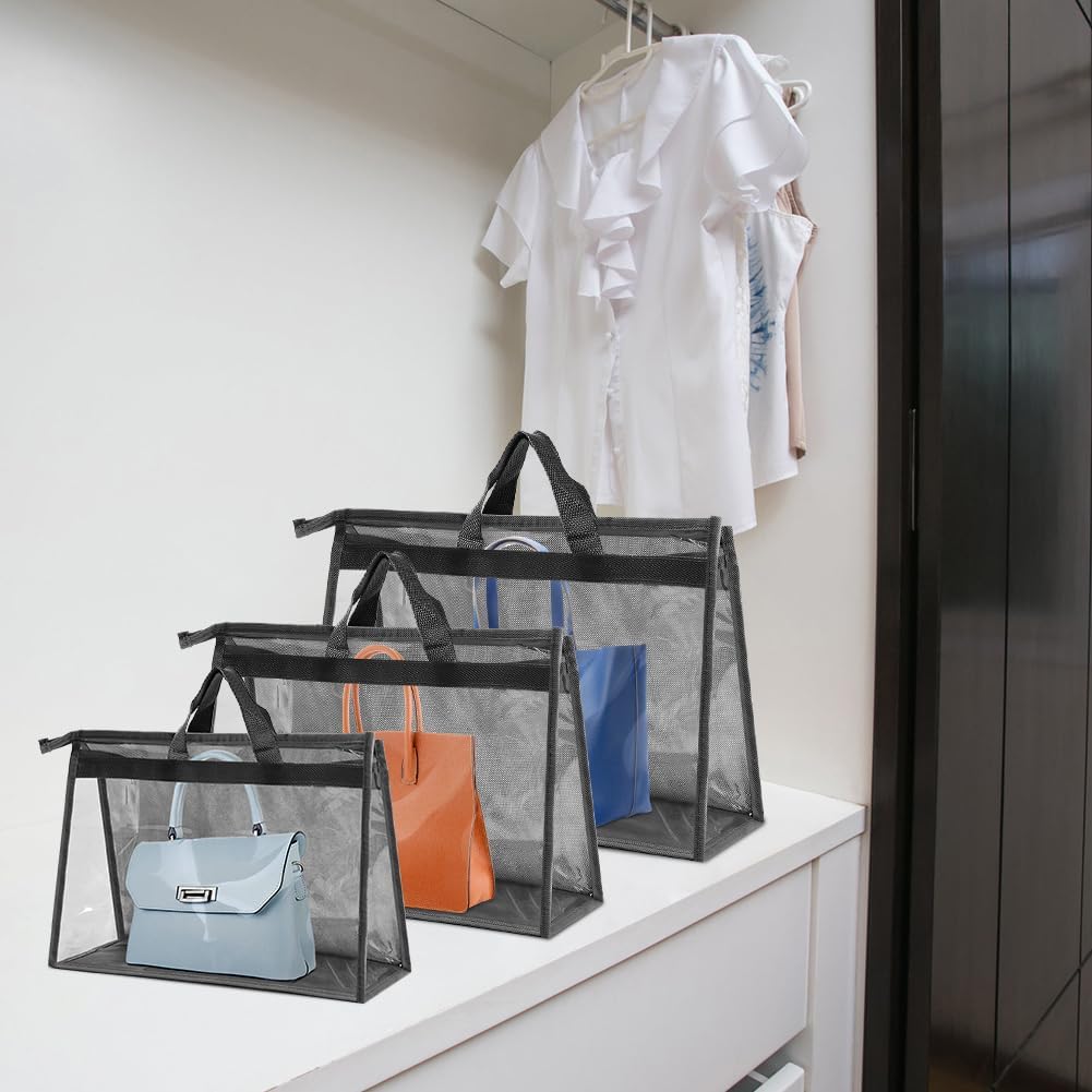 15 PCS Dust Bags for Handbags,Purse Protector Storage Bag,Purse Cover Hanging Closet Organizer with Zipper Handle,Clear Handbag Storage Organizer for Closet,3 Assorted Sizes(Gray)