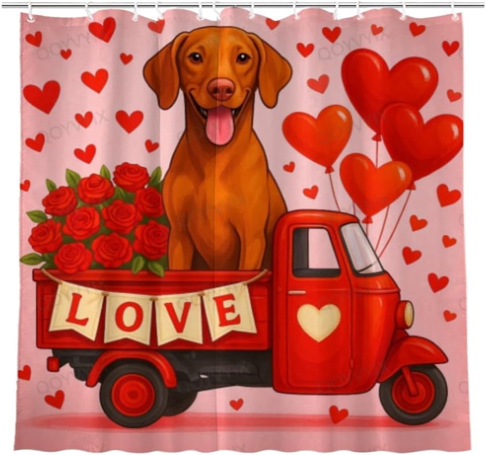 Valentines Day Shower Curtain Dachshund Truck Valentine's Day Shower Curtain for Bathroom Shower Curtains Set with Hooks 72x72 Inch with 12 Hooks