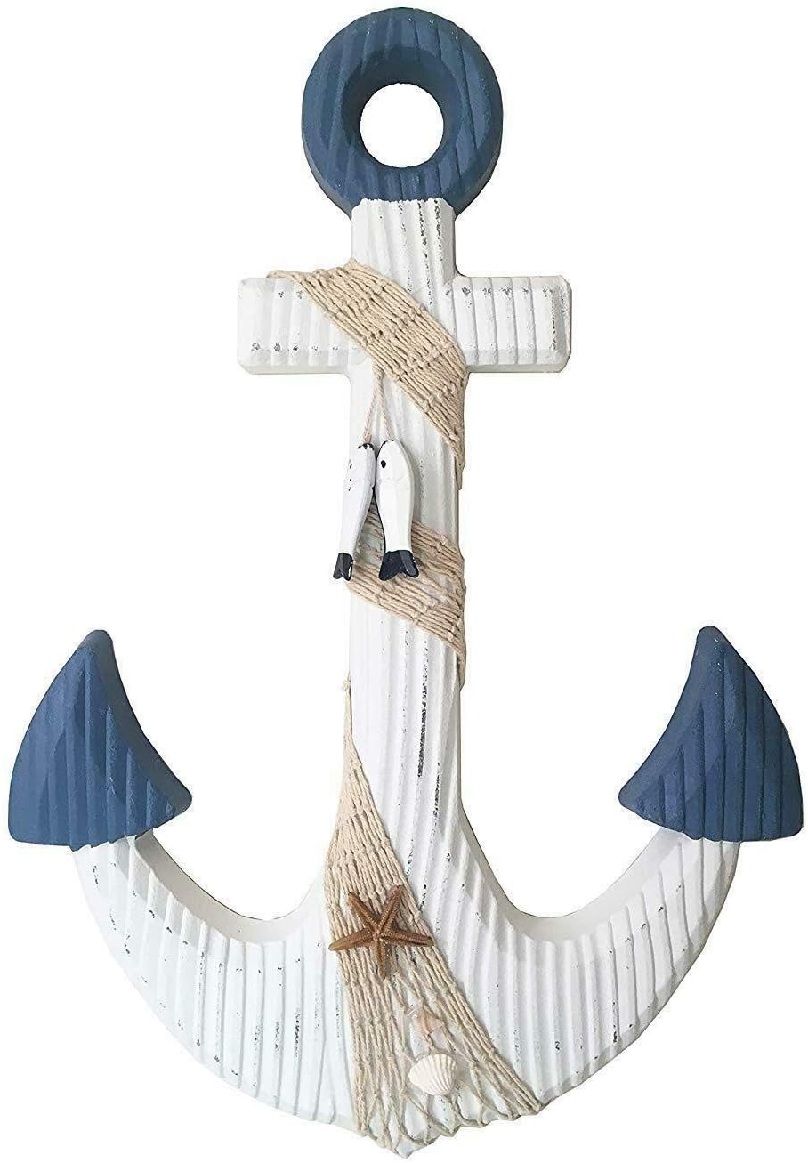 Rainbow Handcrafts Nautical Rustic Wooden Anchor with Rope Crosses Wall Art Decor, Beach Wall Art Anchor, Hanging Wood Crossbar Anchor Decorative Home Bathroom Office Beach Theme Decoration 18''H （White）