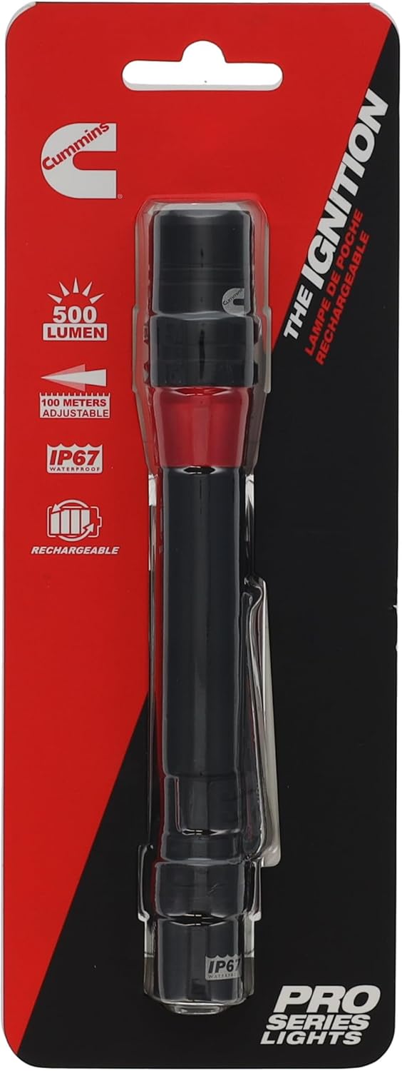 Cummins CMN35362 Pro Series Ignition Rechargeable Flashlight 500 Lumen LED Multiple Light Modes Pocket Pen Clip Flashlight
