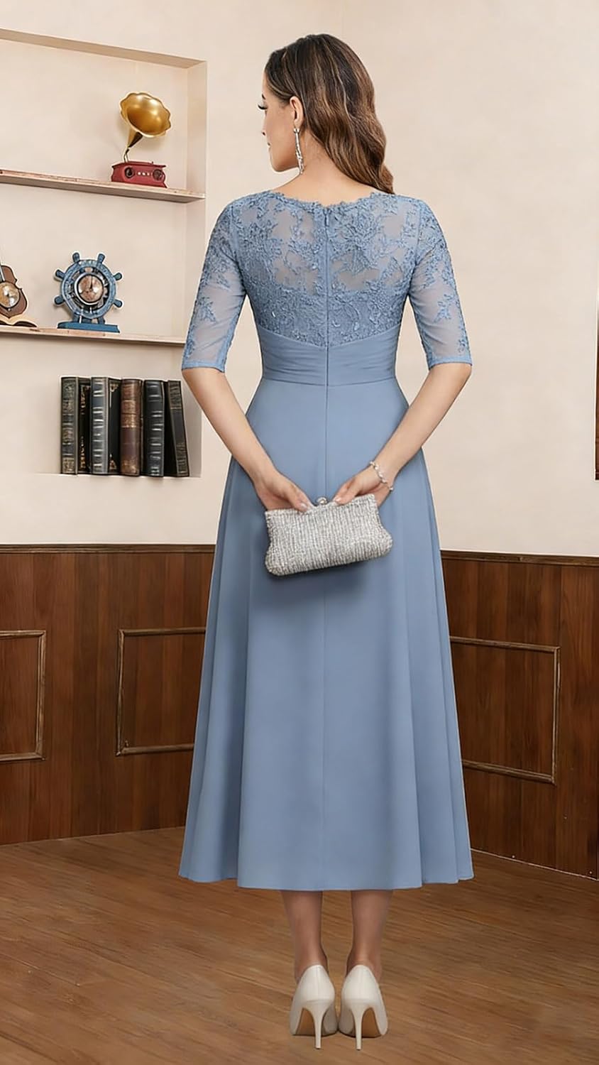 Tea Length Mother of The Bride Dresses for Women Chiffon Lace Applique Ruffle Formal Dress Evening Gown