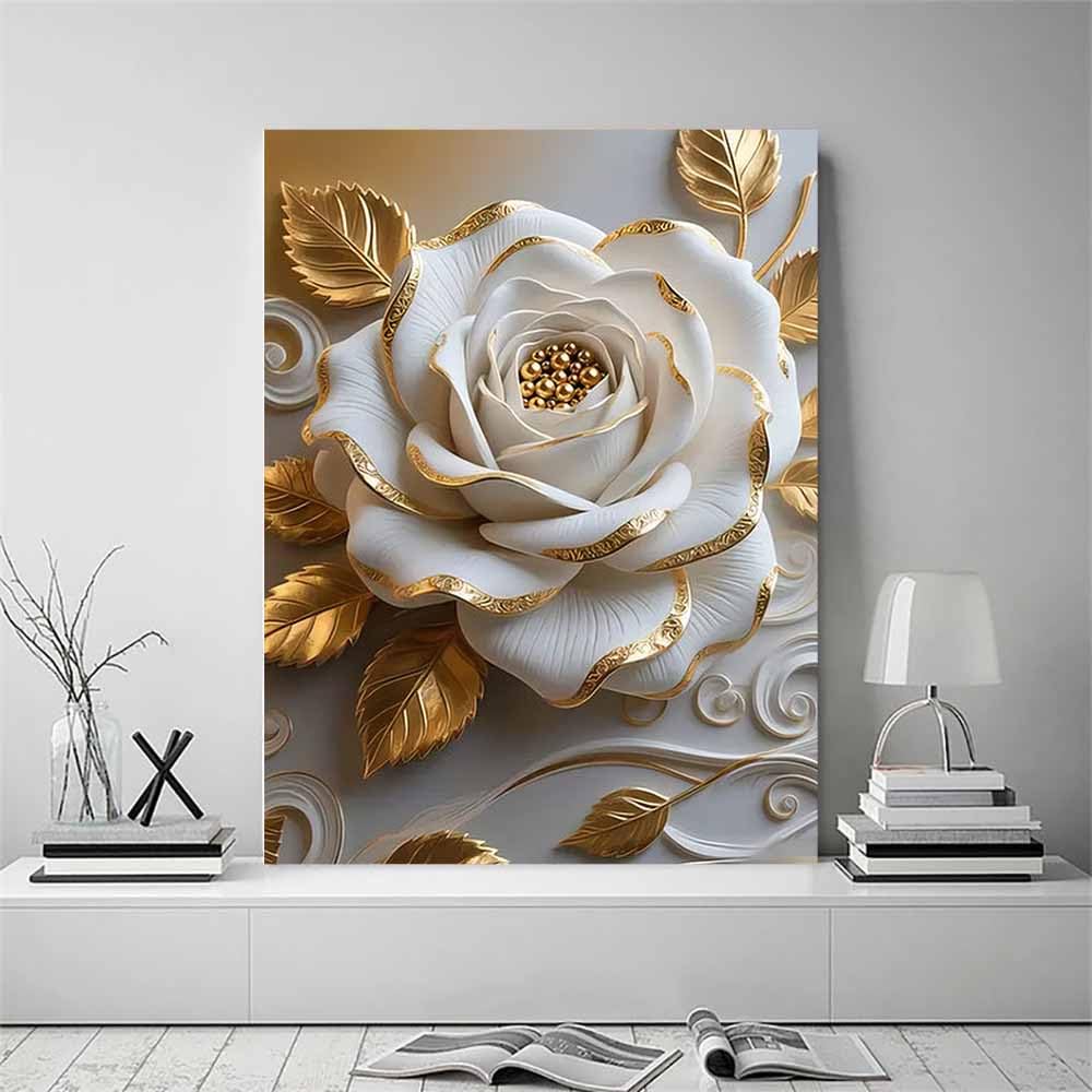 QUSAAOU Leinwandbilder Weiß Florale Gold Blatt Luxus Leinwandbilder Mit Rahmen Abstrakte Landschaftsbilder Moderne Wanddekoration FüR Gro Schlafzimmer(Weiß)-50x70cm Gerahmt