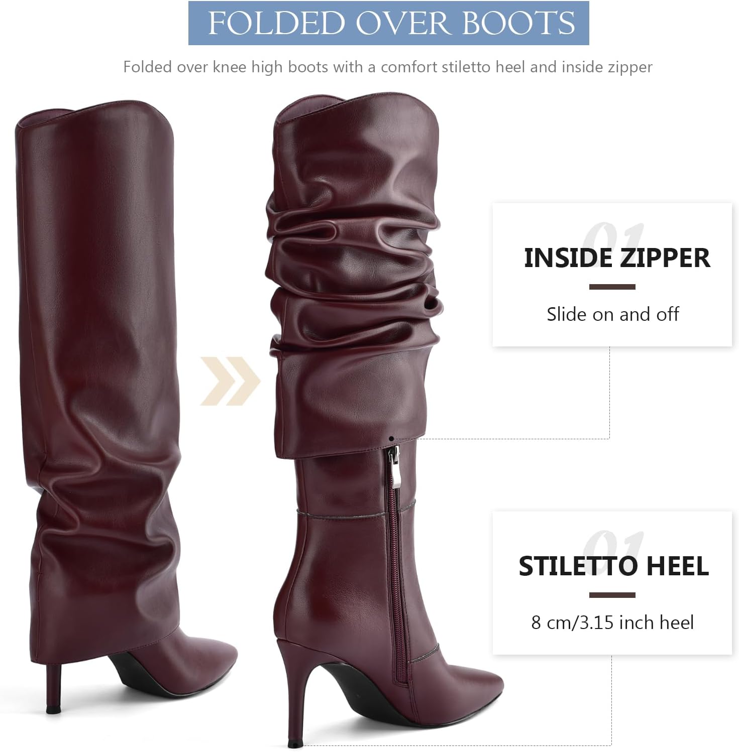 Vaslemuse Womens Fold Over Knee High Boots Stiletto High Heel Slouchy Tall Boots Pointed Toe Sexy Long Boots Fashion Dress Shoes with Side Zipper - Image 6