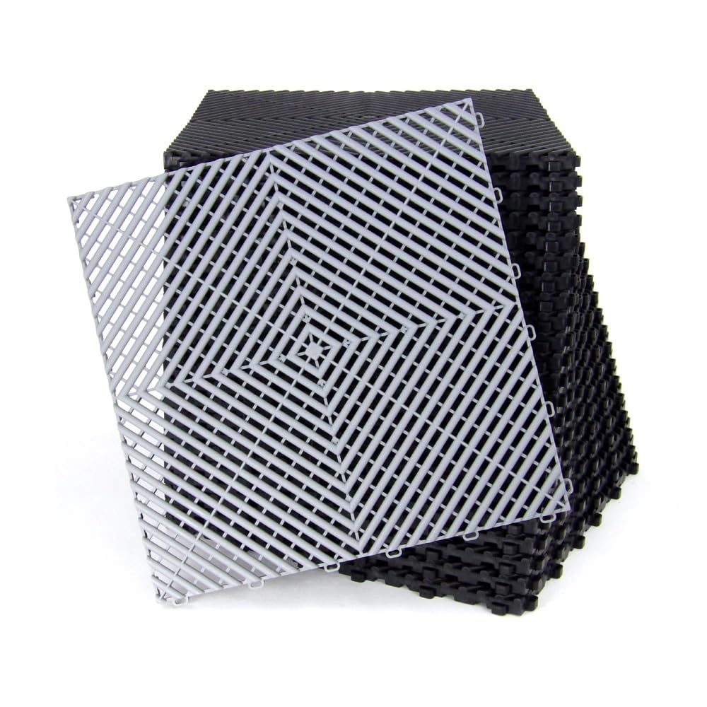 Lot de 25 dalles de sol clipsables - GRIS CLAIR - (4m²) pour garage, cellier, atelier, abris de jardin. Effet Damier 40x40cm, ép.1,8cm, Marque CLIC & dalle, série CLASSIC, Intérieur-Extérieur.
