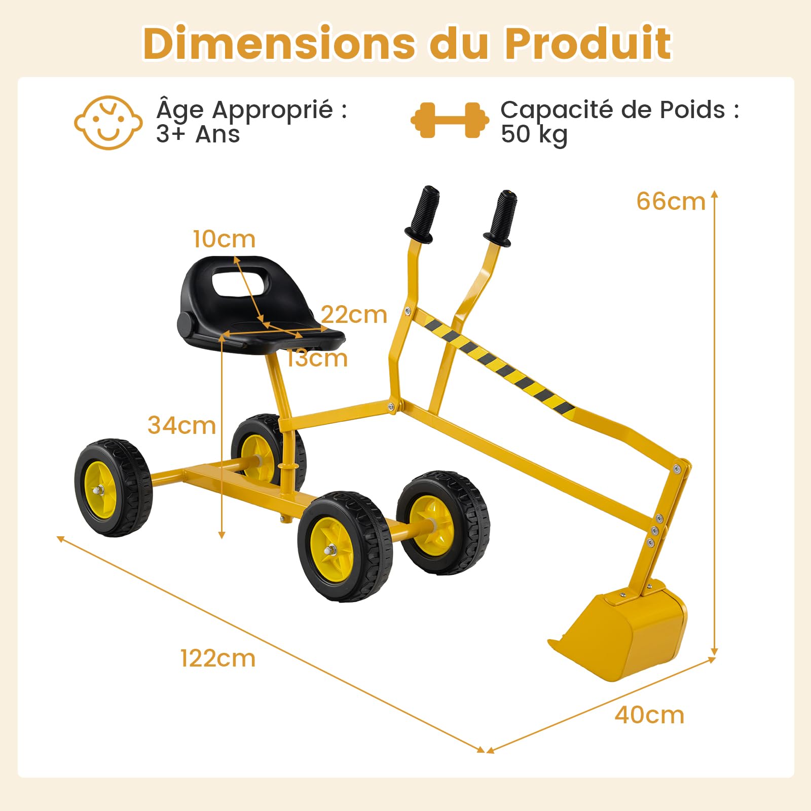 DREAMADE Pelleteuse pour Enfants, Jouet de Bac à Sable en Métal avec Siège Rotatif à 360°, Pelle Flexible, Grue Excavatrice d'Extérieur pour pour Terre, Neige, Plage (Jaune,avec Roues)