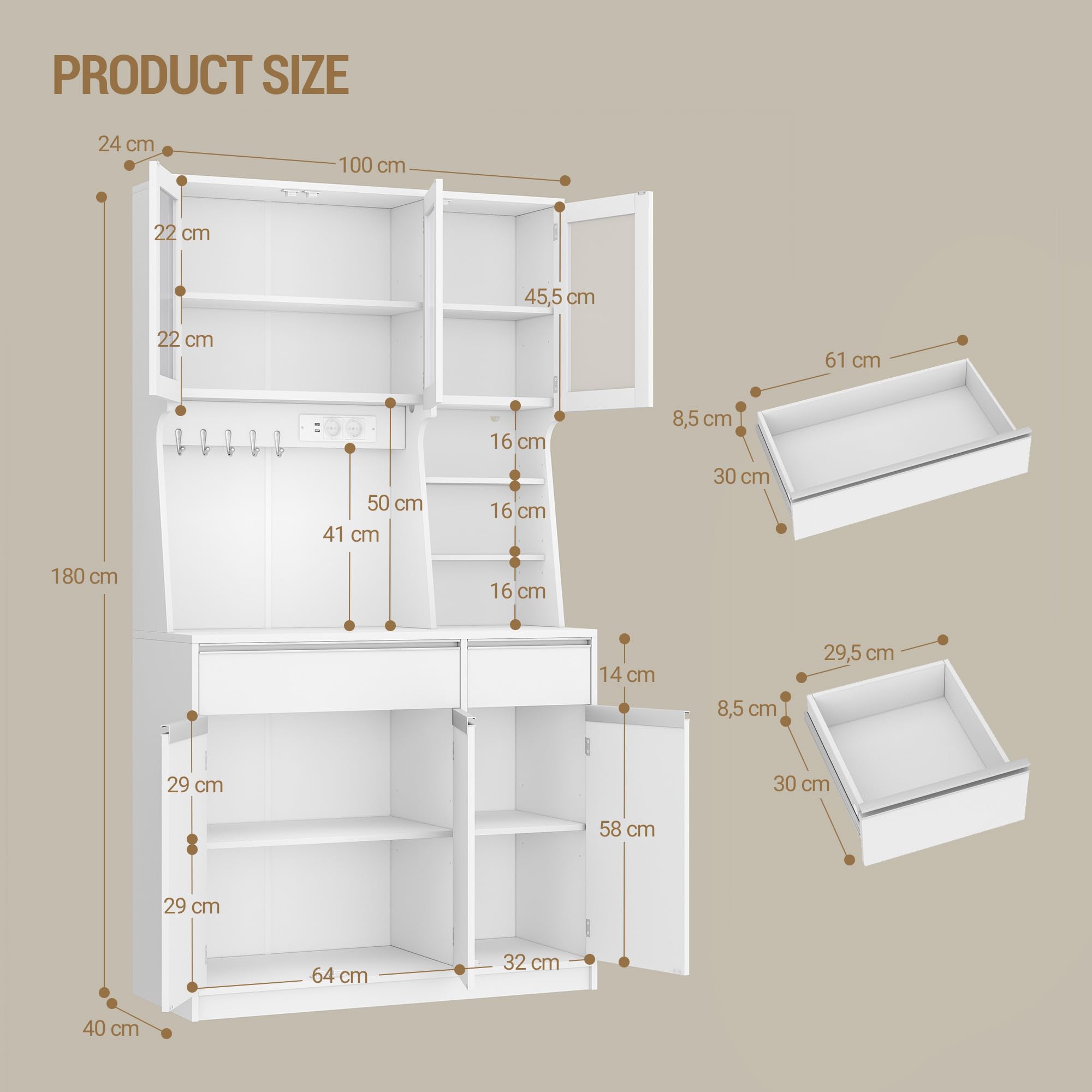Hzuaneri küchenschrank, Sideboard, Kommode Küche mit Steckdosen und Led-Lichtleisten, mit Arbeitsplatten und Zwei Schubladen, Verstellbare Einlegeböden, Küche, 40 x 100 x 180 cm, Weiß, PT00103XEU