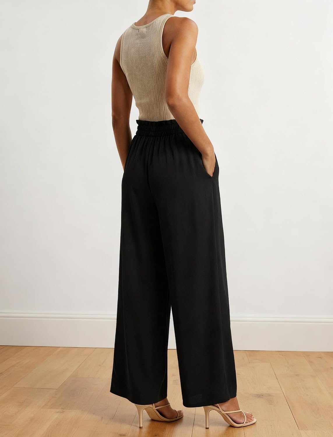 Wide Leg Casual Business Pants for Women Palazzo Trousers High Waisted Belted Flowy Summer Beach Long Slacks Pockets - Image 3