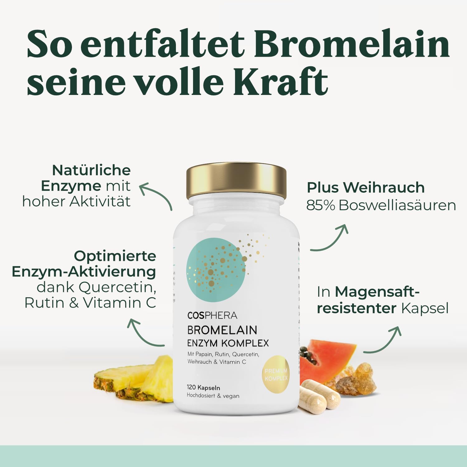 Bromelain hochdosiert 5000 FIP - 6-in-1 Ananas Enzym Komplex mit Papain, Quercetin, Weihrauch, Rutin & Vitamin C - 120 Magensaftresistente Kapseln (2 Monate) - Vegan & Made in Germany von COSPHERA®