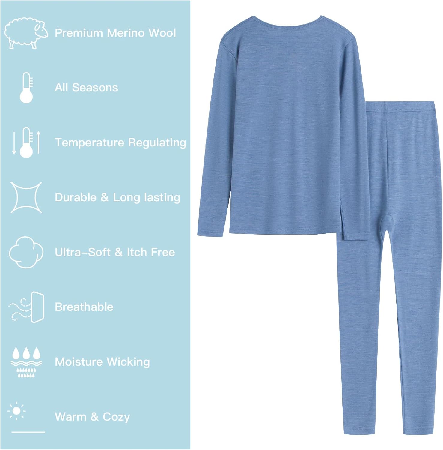 MERINNOVATION Merino Wool Base Layer Set for Kids Long Sleeve Thermal Underwear for Boys Girls Lite - Midweight Top & Bottom - Image 2