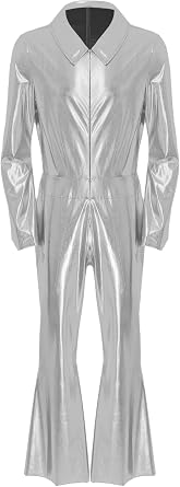 Men's Overalls Shiny Metallic Bell-Bottom Jumpsuit Long Sleeve Lapel Front Zipper Catsuit Clubwear