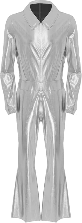 Men's Overalls Shiny Metallic Bell-Bottom Jumpsuit Long Sleeve Lapel Front Zipper Catsuit Clubwear