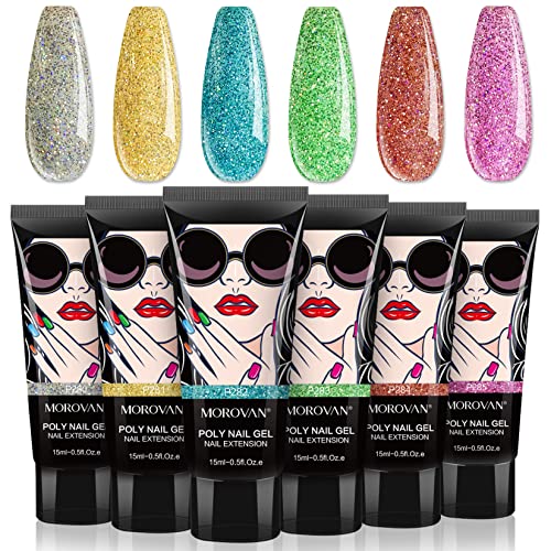 Morovan Poly Gel Kits - 6 Colors Poly Nails Builder Gel Kits for Extension Kit Professional Poly Nail Gel Kits Starter Kit for Art Nail Beginners the Choice of Poly Gel Nail Kit DIY Salon at Home